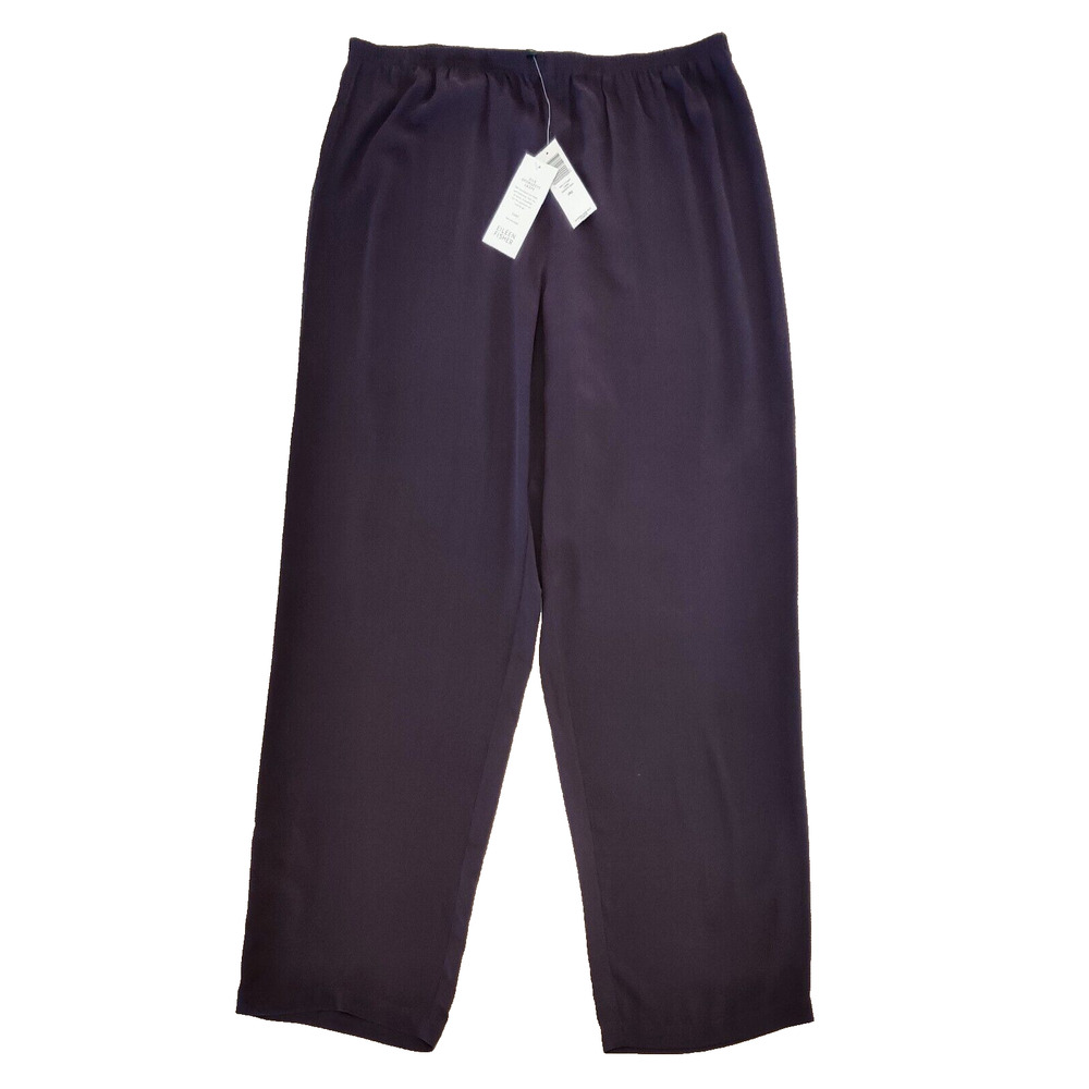 Eileen Fisher Womens Silk Georgette Crepe Straight Pull On Pant Sz L Purple NWT